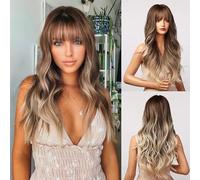 Honygebia Perruque Brune Clair avec Frange - Perruques Longues Ondulées Ombrées Cendrées pour Femmes, Cheveux Synthétiques Résistants à la Chaleur, Perruque Naturelle pour Halloween/Noël/Fête