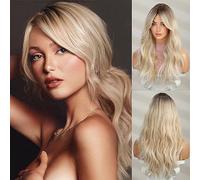 Honygebia Perruque Femme Blonde Frisee - Perruques Ombre Racines Blondes pour Femmes, Cheveux Synthétiques Lisses et Ondulés Résistants à la Chaleur, Perruque Naturelle pour Halloween/Noël