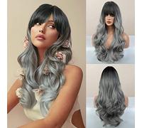 Honygebia Perruque Grise avec Frange - Perruques Longues Ombrées pour Femmes, Cheveux Naturels Réalistes, Perruques Synthétiques Résistantes à la Chaleur pour Halloween/Noël/Cosplay/Fête