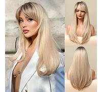 Honygebia Perruque longue blonde avec frange - Perruques blondes ombrées avec racines foncées pour femmes blanches, cheveux synthétiques ondulés naturels résistants à la chaleur pour tous les jours
