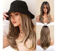 Honygebia Perruque longue marron avec frange - Longue perruque blonde ombrée pour femme, cheveux synthétiques marron cendré résistant à la chaleur, meilleures perruques pour Halloween, cosplay, fête