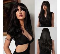 Honygebia Perruque Longue Noir avec Frange - Perruque Cheveux Long Noir pour Femme, Longs Raides et Superposés Réalistes, Perruques Synthétiques Naturelles pour Halloween/Noël/Cosplay/Fête