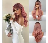 Honygebia Perruques Roses avec Frange - Perruques Roses Ombrées Longues pour Femmes, Cheveux Lisses Légers Résistants à la Chaleur, Perruques Synthétiques Naturelles pour Halloween/Noël/Cosplay