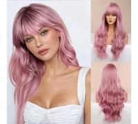 Honygebia Perruque rose clair, frange, perruques rose pâle pour femme, longues ondulées, rose corail, cheveux résistants à la chaleur, aspect naturel, synthétiques clairs, meilleures perruques pour