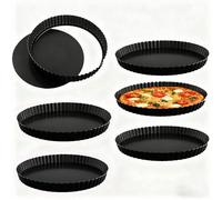 HONYUET Lot de 6 moules à quiche cannelés avec base amovible en acier au carbone anti-adhésif avec base amovible - 30 cm - Noir