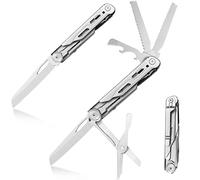 HONZIN Couteau pliant 8 en 1 multifonction en acier inoxydable avec brise-verre, dentelé, scie, couteaux de poche argent, survie de camping