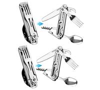 HONZIN Couverts d'ustensiles de camping en plein air, couverts pliants multifonctionnels 5 en 1, ensemble de couverts portables en acier inoxydable pour voyage, avec pochette à cordon (2 paquets)