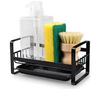 HONZUEN Porte Eponge Evier Cuisine,Rangement Pose Range Porte Éponge Cuisine Organiseur,Auto-Adhésifs INOX Porte Eponge Evier Support Eponge Evier avec Bac(Noir)