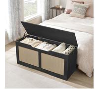 HOOBR Coffre à Jouets, Banc de Rangement décoratif en rotin Artificiel, Coffre de Rangement de 110 cm de Long, Noir