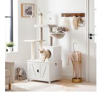 HOOBRO Arbre à Chat avec Maison de Litière pour Chat, avec Tour à Chat, Bâton de Chat taquin à Pompon Amovible, Blanc