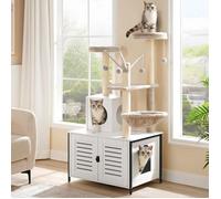 HOOBRO Arbre avec Maison de Litière en Bois avec Tour pour Chat, Bâton taquin à Pompon Amovible, Piliers en Sisal, Blanc