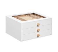 HOOBRO Boîte à Bijoux à 3 Tiroirs avec Vitrine Transparente et Doublure en Velours, Coffre à Bijoux, 23 x 20 x 12 cm, pour Bagues, Boucles d’Oreilles, Colliers, Montres, Blanc EWT24JB04