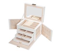 HOOBRO Boîte à Bijoux à 4 Niveaux avec 3 Tiroirs, Coffre à Bijoux avec Poignée, Fermoir et Miroir Intégré, 22,5 x 17 x 15,6 cm, pour Colliers, Bagues, Boucles d’Oreilles, Montres, Blanc EWT28JB04