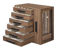 HOOBRO Boîte à Bijoux, Coffre à Bijoux en Bois d’ingénierie avec 6 tiroirs, Rangement au Style rétro avec vitrine, pour Boucles d’Oreilles, Colliers, bagues, Noyer Foncé et Noir EBH12JB04