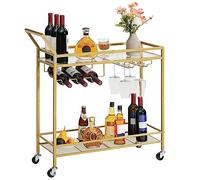 HOOBRO Chariot de Bar, Chariot de Service avec Porte-Bouteilles et Porte-Verres, Rangement Mobile à 2 Niveaux, avec roulettes et barrière, pour Salle à Manger, Salon, soirée, Bar, Or EGD11TC01