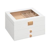 HOOBRO Coffre à Bijoux à 3 Niveaux, Boîte à Bijoux à Rabat Doublée de Velours avec 2 Tiroirs, Fenêtre en Acrylique, pour Colliers, Boucles d’Oreilles, Bracelets, Bagues et Montres, Blanc EWT26JB04