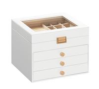 HOOBRO Coffre à Bijoux à 4 Niveaux, Boîte à Bijoux à Rabat Doublée de Velours avec 3 Tiroirs, Fenêtre en Acrylique, pour Colliers, Boucles d’Oreilles, Bracelets, Bagues et Montres, Blanc EWT27JB04