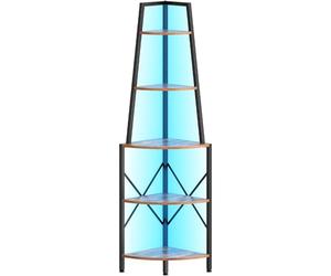 HOOBRO Étagère d’Angle à 5 Niveaux avec Éclairage LED, Haute Étagère sur Pied pour Rangement et Présentation, Bibliothèque, pour Salon, Chambre, Bureau, Marron Rustique et Noir EBF120DCJ01