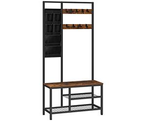 HOOBRO Grand portemanteau, Vestiaire, Meuble d’entrée avec 6 pochettes de rangement et 9 Crochets Amovibles, Étagère à Chaussures à 3 Niveaux, 80 x 30 x 180 cm, Marron Rustique et Noir EBF24MT01