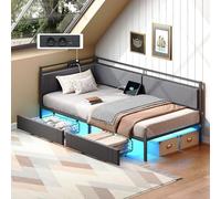 HOOBRO Lit 90 x 200 Canapé Rembourré, Lit Coffre avec 2 Tiroirs, Sommier à Lattes avec Multiprise, 2AC, 1USB-A, 1Type-C, Bande LED Réglable, Cadre en Métal, pour Chambre, Gris et Noir EBG81CDBF01