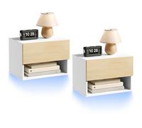 HOOBRO Lot de 2 Table de Chevet Suspendu avec Bandeau LED RGB, Table d’Appoint Murale, 1 Tiroir et 1 Compartiment Ouvert, Table pour Canapé, pour Chambre, Salon, Blanc et Couleur Bois EWN202DBZP201