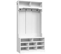 HOOBRO Meuble d’Entrée de Style Champêtre avec Banc et Armoire à Chaussures, Portemanteau sur Pied avec 6 Crochets, 8 Compartiments et 3 Étagères Réglables, pour Entrée, Couloir, Blanc EWT35MT01