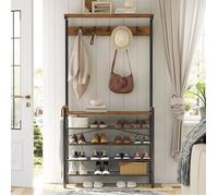 HOOBRO Meuble d’Entrée, Vestiaire avec Étagère à Chaussures à 5 Niveaux de Style Industriel, avec 5 Crochets Amovibles, Marron