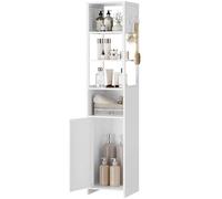 HOOBRO Meuble de Salle de Bain, Étagère de Rangement Haute et Étroite sur Pied, 3 Plateaux Ouverts, 1 Case, 1 Placard, 2 Panneaux Perforés, 4 Crochets, pour Couloir, Cuisine, Salon, Blanc EWT144CW01