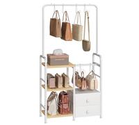 HOOBRO Organisateur de Sacs à Main à 3 Niveaux avec Crochets et Tiroirs, Étagère Autonome de Sacs, Rangement Suspendu, Étagère Suspendue, pour Armoire, Entrée, Chambre, Couleur Bois et Blanc EWN98CJ01