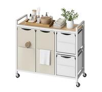 HOOBRO Panier à Linge à 4 Sections, Chariot à Linge Amovible avec Étagère et 4 roulettes, 2 Corbeilles (Blanc) de 24 L et 2 Corbeilles (Beige) de 49 L, Blanc et Couleur Bois EWNE14XY01N1