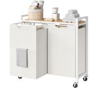 HOOBRO Panier à Linge, Corbeille à Linge Sale, Rangement 2 Compartiments, 2 Sacs en Tissu Oxford Amovibles, Étagère, 2 x 49,5 L, 70 x 30 x 77 cm, Blanc et Couleur Boisée EWN72XY01
