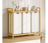 HOOBRO Panier à Linge, Corbeille à Linge Sale, Rangement 3 Compartiments, Étagère, Couleur du Bambou