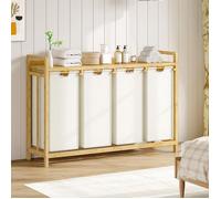 HOOBRO Panier à Linge, Corbeille à Linge Sale, Rangement 4 Compartiments, Étagère, Couleur du Bambou