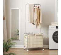 HOOBRO Panier Linge Roulettes à Double Compartiment avec Tringle Vêtements | Penderie sur Roulette, Tringle de Suspension, Grand Sac Oxford, 4 Roulettes, pour Buanderie, Chambre, Salle de Bains, Beige