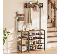 HOOBRO Porte-Manteau avec Étagère à Chaussures, Vestiaire 3-en-1, Étagère latérale réversible, Marron Rustique et Noir