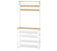 HOOBRO Porte-Manteau, Vestiaire 3-en-1, Meuble Entrée avec Étagère à Chaussures, Étagère Réglable en Maille Métallique, Pochettes Latérales Amovibles, 4 Crochets en S, Blanc, Couleur Bois EWN75MT01