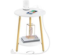 HOOBRO Table Basse avec Station de Charge, Table d'Appoint Ronde à 2 Niveaux, Table d'Appoint de Canapé pour Salon, Chambre,Blanc