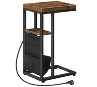 HOOBRO Table d’Appoint en Forme de C, Table Basse Pliant avec Station de Charge et Pochette de Rangement, Bout de Canapé, pour Salon, Chambre, Marron Rustique et Noir EBF101CSF01