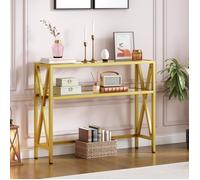 HOOBRO Table d’Appoint en Verre, Table de Canapé avec 2 Étagères Ouvertes de Rangement, Console à Cadre en X, Doré