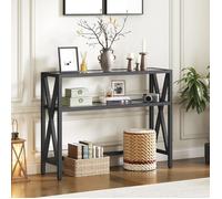 HOOBRO Table d’Appoint en Verre, Table de Canapé avec 2 Étagères Ouvertes de Rangement, Console à Cadre en X, Noir
