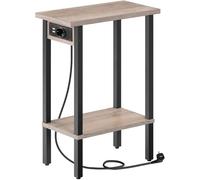 HOOBRO Table d’Appoint étroite, Bout de Canapé à 2 Niveaux avec Station de Charge, Table de Chevet avec Rangement, pour Petit Espace, Salon, Chambre, Bureau, Gris Patiné et Noir EBG240CBZ01