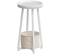 HOOBRO Table d’Appoint Ronde à 2 Niveaux, Petit Bout de Canapé avec Panier en Tissu, Table à Café avec barrière et Corbeille Beige, pour Petits espaces, Salon, Chambre, dortoir, Blanc EWW183BZ01