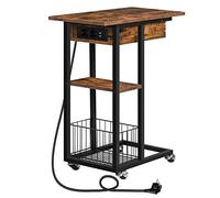 HOOBRO Table d'Appoint avec Station de Charge, Table Basse Pliante en Forme de C avec roulettes et Étagère de Rangement, Ports USB et Prises de Courant, pour Salon, Marron Rustique EBF022SF01G1