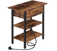 HOOBRO Table d'Appoint, Bout de Canapé Rabattable avec Multiprise et Étagères de Rangement, Table de Chevet Fine, Marron