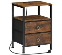HOOBRO Table de Chevet avec Station de Charge, Table d’Appoint avec 2 Tiroirs en Tissu Non-tissé et étagère Ouverte, Marron Rustique et Noir EBF110CBZ01