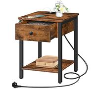 HOOBRO Table de Chevet, Table Basse avec Prises Électriques et Ports USB, Table d’Appoint avec Tiroir et Étagère de Rangement, Table de Chevet pour et Chambre, Marron Rustique, Noir EBF401CBZ01