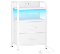 HOOBRO Table de Chevet, Table d’Appoint avec Station de Charge et éclairage LED, Bout de Canapé avec 2 tiroirs et 2 étagères Ouverte, Cadre métallique, pour Chambre, Salon, Bureau, Blanc EWT021CDBZ01