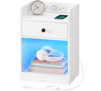 HOOBRO Table de Chevet, Table d’Appoint avec Station de Charge et Ruban LED, Bout de Canapé avec 1 Prise et 2 Ports USB, pour Chambre, Blanc EWT18CDBZ01