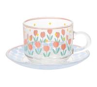 HOODANCOS Ensemble Tasse à Café et Soucoupe en Verre 180 Ml, Design Tulipe Bleu Géométrique, Service de Thé et Lait Polyvalent pour Bureau et Maison, Ensemble de 1 Tasse et 1 Assiette