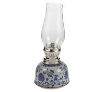 HOODANCOS Lampe à Huile Ancienne en Céramique Bleue et Blanche Lampe à Pétrole Rétro Petite Taille Motifs Lotus pour Décoration et Camping Verre Résistant la Chaleur